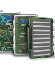 MFC River Map Waterproof Fly Box - Large showing detailed river maps and foam insert for organized fly fishing storage