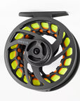 Orvis Clearwater Large Arbor Fly Reel in matte gray with large arbor design and bright fly line at Freestone Fly Shop