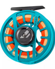 Orvis Hydros Fly Reel in bright turquoise with orange fly line designed for lightweight fly fishing at Freestone Fly Shop
