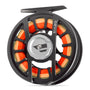 Orvis Hydros Fly Reel in black with orange and yellow fly line designed for lightweight fly fishing at Freestone Fly Shop