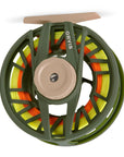Orvis Clearwater Large Arbor Fly Reel in olive with bright yellow and orange fly line at Freestone Fly Shop