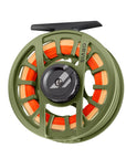 Orvis Hydros Fly Reel in olive green with bright orange fly line designed for lightweight fly fishing at Freestone Fly Shop