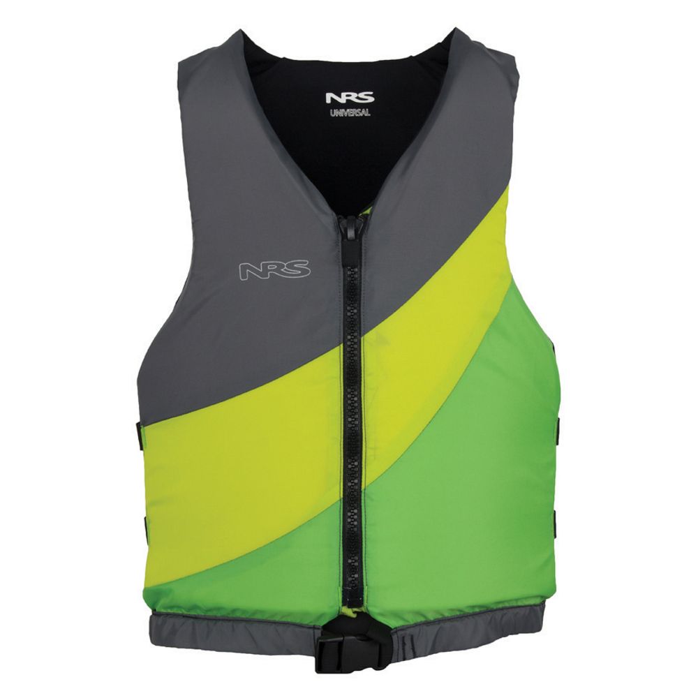 NRS Crew PFD by NRS in gray, lime, and green with front zipper and buckle for flatwater boating safety at Freestone Fly Shop
