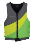 NRS Crew PFD by NRS in gray, lime, and green with front zipper and buckle for flatwater boating safety at Freestone Fly Shop