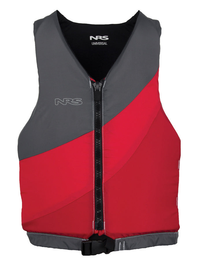 NRS Crew PFD by NRS in red and gray with front zipper and adjustable waist buckle for boating safety at Freestone Fly Shop