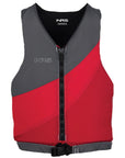 NRS Crew PFD by NRS in red and gray with front zipper and adjustable waist buckle for boating safety at Freestone Fly Shop